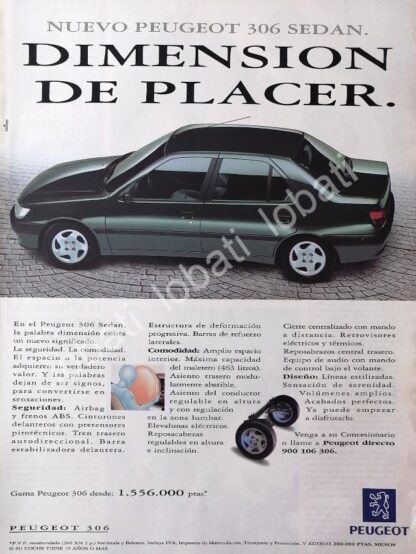 CARTEL ANTIGUO ORIGINAL DE PUBLICIDAD RETRO DE AUTOS PEUGEOT 306 1991 / 871