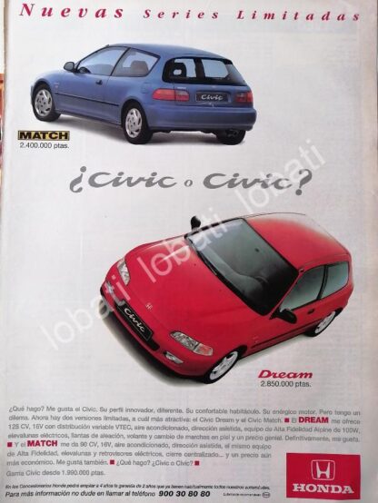 CARTEL ANTIGUO ORIGINAL DE PUBLICIDAD RETRO DE AUTOS HONDA CIVIC 1991 / 869