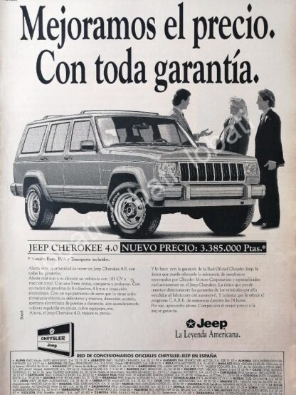 CARTEL ANTIGUO ORIGINAL DE AFICHE DE AUTOS JEEP CHEROKEE 1992 / 853