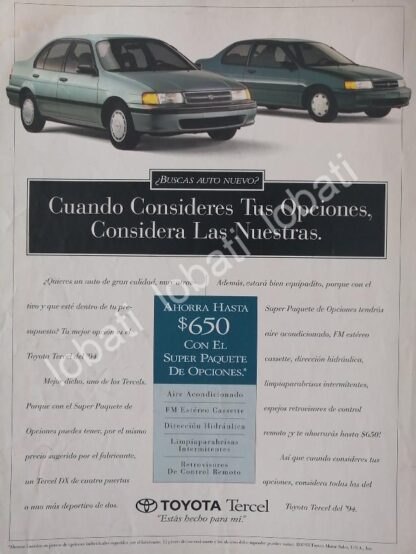 CARTEL ANTIGUO ORIGINAL DE AUTOS TOYOTA TERCEL 1994 /988