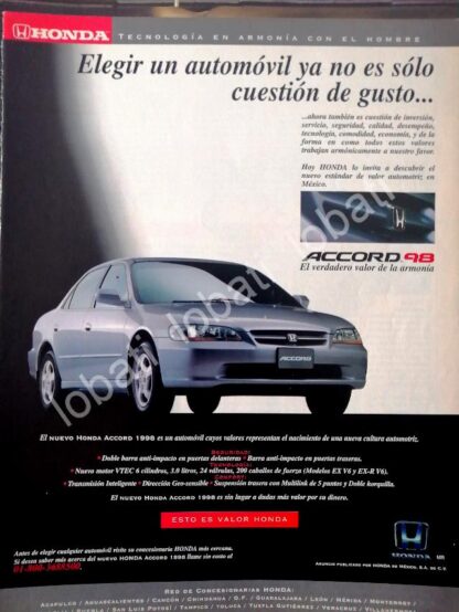 CARTEL ANTIGUO ORIGINAL DE AUTOS HONDA ACCORD 1998 /983