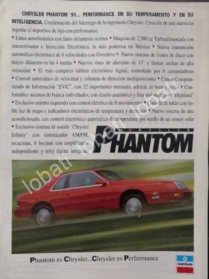 CARTEL ANTIGUO ORIGINAL DE AUTOS CHRYSLER PHANTOM 1991 /942