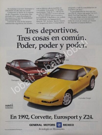 CARTEL ANTIGUO ORIGINAL DE AUTOS CHEVROLET CORVETTE Y OTROS 1992 /925