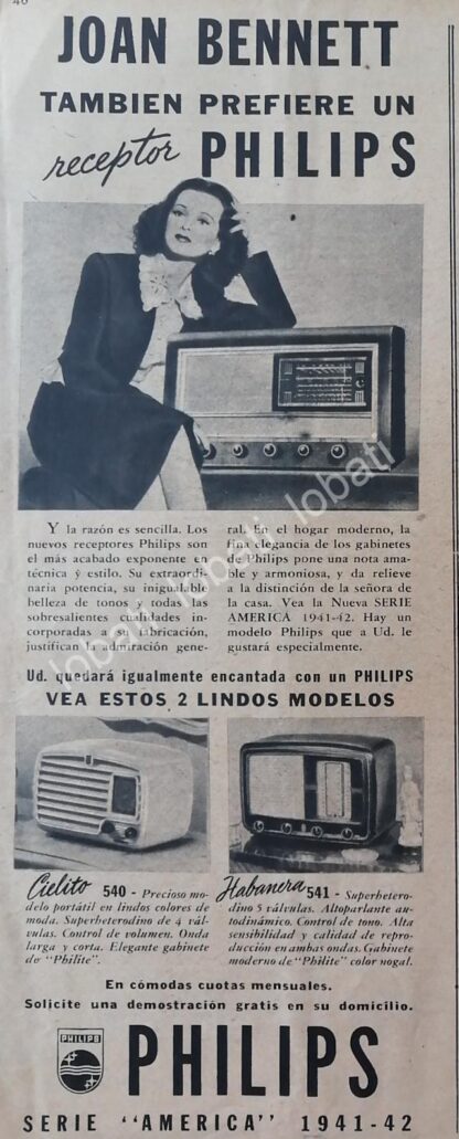 CARTEL ANTIGUO ORIGINAL DE JOAN BENNETT Y RADIOS PHILIPS 1941 /404