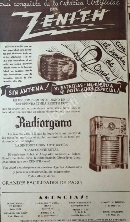 CARTEL ANTIGUO ORIGINAL DE RADIOS RADIORGANO ZENITH 1939 /398 RARO