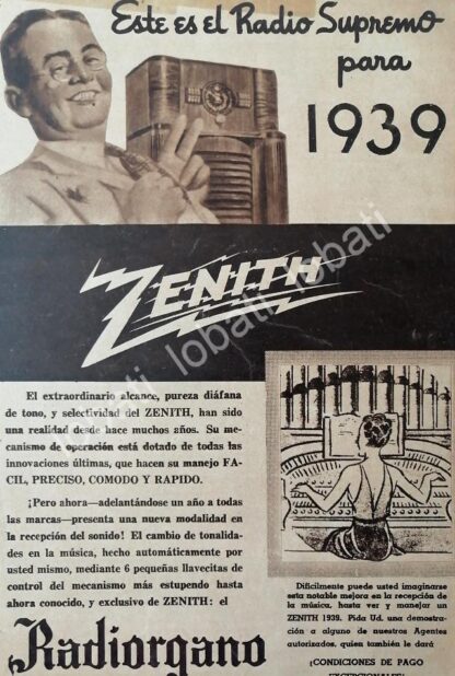 CARTEL ANTIGUO ORIGINAL DE PUBLICIDAD ANTIGUA RADIOS ZENITH 1939 /393