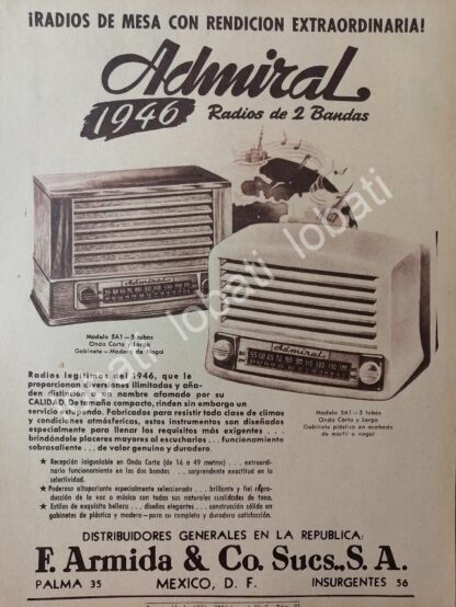 CARTEL ANTIGUO ORIGINAL DE RADIOS ADMIRAL 5A1 1946 /384 MUY RARO