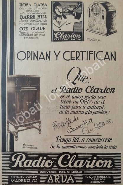 CARTEL ANTIGUO ORIGINAL DE RADIOS CLARION 1932 /382 SUPER RARO 10++