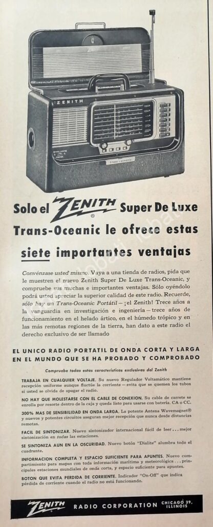 CARTEL ANTIGUO ORIGINAL DE RADIOS ZENITH TRANSOCEANICO SUPER DELUXE 1950s /366