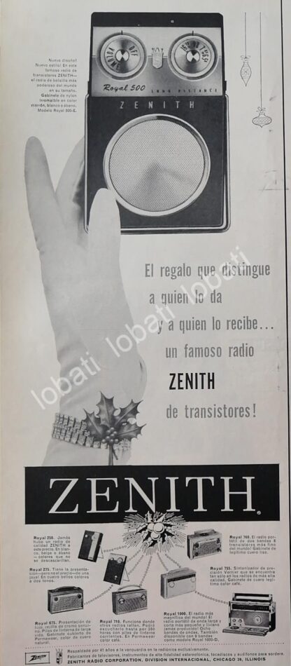 CARTEL ANTIGUO ORIGINAL DE RADIOS DE BOLSILLO ZENITH ROYAL 500 1959 /365