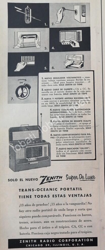 CARTEL ANTIGUO ORIGINAL DE RADIOS ZENITH TRANSOCEANICO SUPER DELUXE 1954 /356