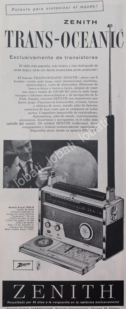 CARTEL ANTIGUO ORIGINAL DE RADIOS ZENITH TRANSOCEANICO ROYAL 1000-D 1959 /346