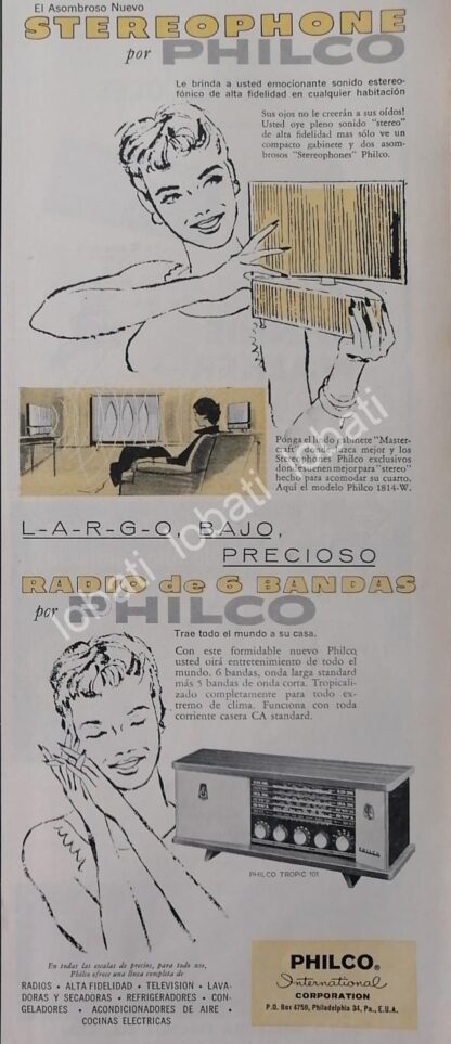 CARTEL ANTIGUO ORIGINAL DE RADIOS PHILCO STEREOPHONE TROPIC 101 1959 /343