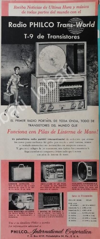 CARTEL ANTIGUO ORIGINAL DE RADIOS PHILCO TRANS-WORLD 1958 /341