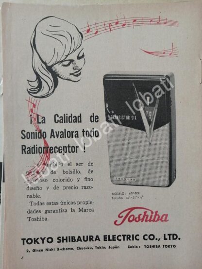 CARTEL ANTIGUO ORIGINAL DE MINI CARTEL RADIOS DE BOLSILLO TOSHIBA 6TP-309 1960s / 295