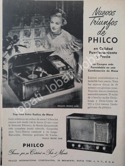 CARTEL ANTIGUO ORIGINAL DE MINI CARTEL RADIOS Y TOCADISCOS PHILCO 1940s/ 290