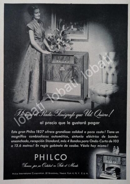 CARTEL ANTIGUO ORIGINAL DE MINI CARTEL RADIOS PHILCO 1827 1940s/ 289