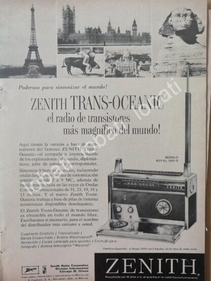 CARTEL ANTIGUO ORIGINAL DE MINI CARTEL RADIOS ZENITH TRANSOCEANICO ROYAL 1000-D / 287