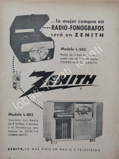 CARTEL ANTIGUO ORIGINAL DE MINI TOCADISCO ZENITH 1940s / 283