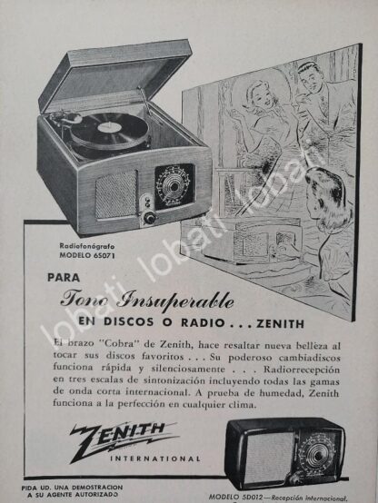 CARTEL ANTIGUO ORIGINAL DE MINI TOCADISCOS Y RADIOS ZENITH TRANSOCEANICO 1950s / 280