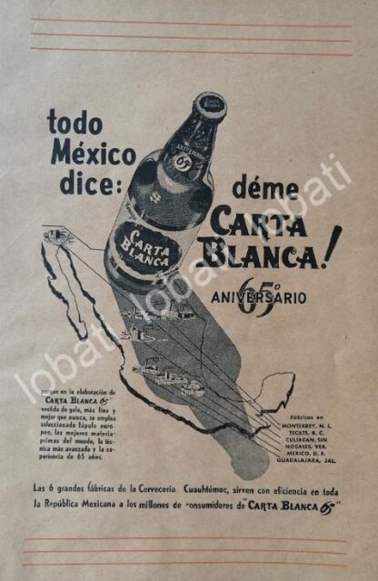 CARTEL ANTIGUO ORIGINAL DE CERVEZA CARTA BLANCA 65 ANIVERSARIO 1955 /230 CERVECERIA CUAUHTEMOC