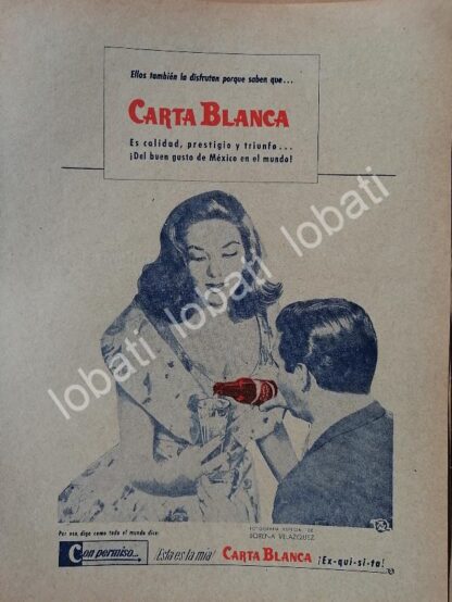 CARTEL ANTIGUO ORIGINAL DE CERVEZA CARTA BLANCA Y LORENA VELAZQUEZ 1960 /228. CERVECERIA CUAUHTEMOC FEP