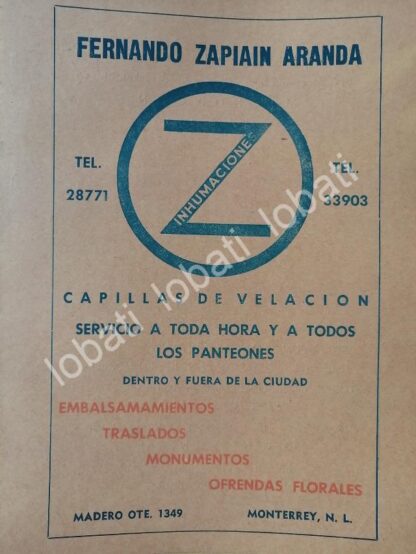 CARTEL ANTIGUO ORIGINAL DE INHUMACIONES, FUNERALES ZAPIAIN 1965 /753