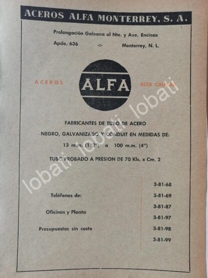 CARTEL ANTIGUO ORIGINAL DE ACEROS ALFA MONTERREY S.A 1957 /750