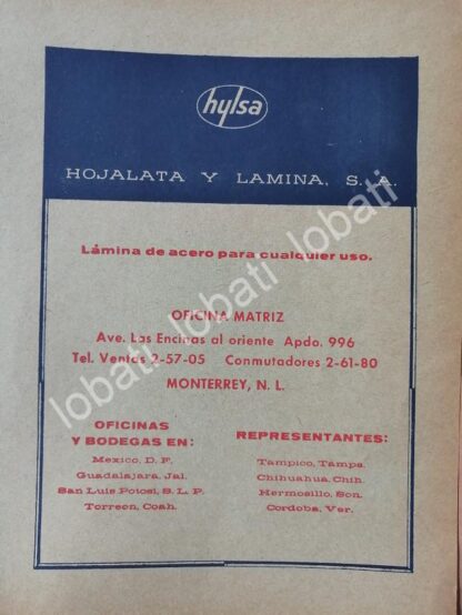 CARTEL ANTIGUO ORIGINAL DE HYLSA. HOJA LATA Y LAMINA DE MONTERREY 1964. /747