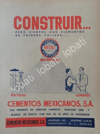 CARTEL ANTIGUO ORIGINAL DE CEMEX. CEMENTOS MEXICANOS 1953 /742 MONTERREY