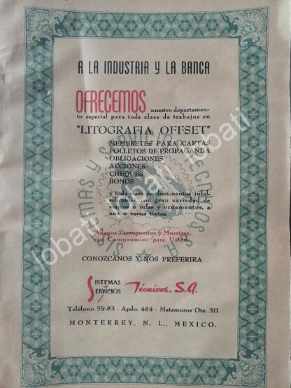 CARTEL ANTIGUO ORIGINAL DE SISTEMAS Y SERVICIOS TECNICOS S.A 1947 /737 MONTERREY