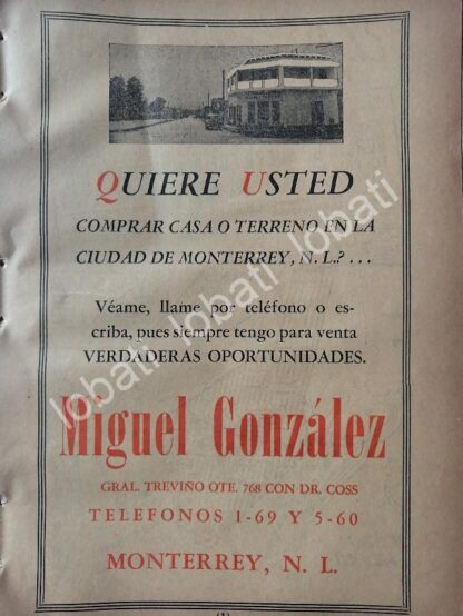 CARTEL ANTIGUO ORIGINAL DE TERRENOS Y BIENES RAICES MIGUEL GONZALEZ 1947 MONTERREY /736