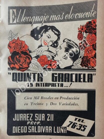 CARTEL ANTIGUO ORIGINAL DE FLORERIA QUINTA GRACIELA 1947 MONTERREY. /734