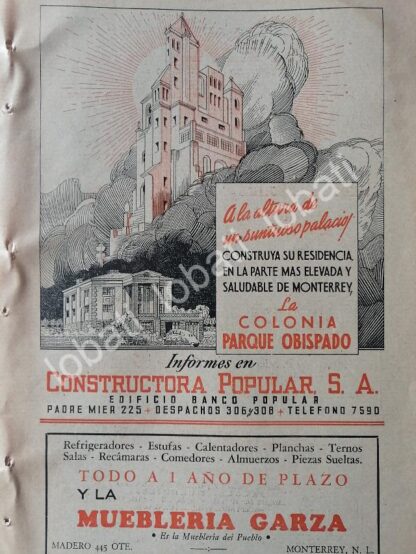 CARTEL ANTIGUO ORIGINAL DE INICIOS DE LA COLONIA PARQUE OBISPADO MONTERREY 1947. /730