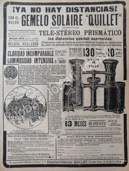 CARTEL ANTIGUO ORIGINAL DE BINOCULARES QUILLET SOLAIRE 1914 /445