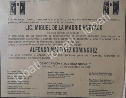 CARTEL ANTIGUO ORIGINAL DE MONTERREY DA BIENVENIDA MIGUEL DE LA MADRID 84