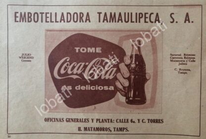 CARTEL ANTIGUO ORIGINAL DE EMBOTELLADORA TAMAULIPECA S.A 1955 COCA COLA