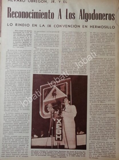 CARTEL ANTIGUO ORIGINAL DE ALVARO OBREGON JR. Y ALGODONEROS DE SONORA 1956