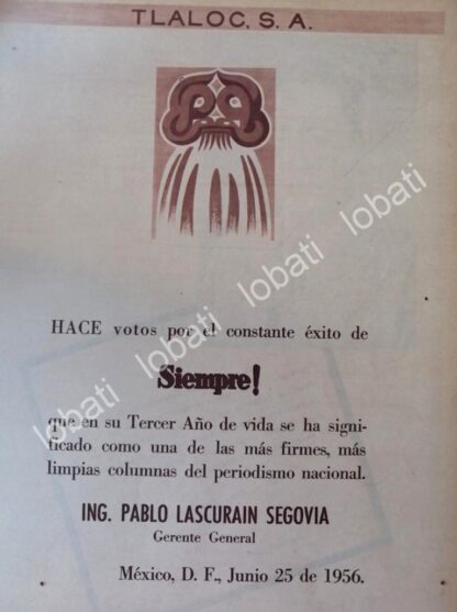 CARTEL ANTIGUO ORIGINAL DE . PABLO LASCURAIN SEGOBIA 1956