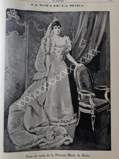 GRABADO ANTIGUO. 1896 VESTIDO DE NOVIA, PRINCESA DE GALES