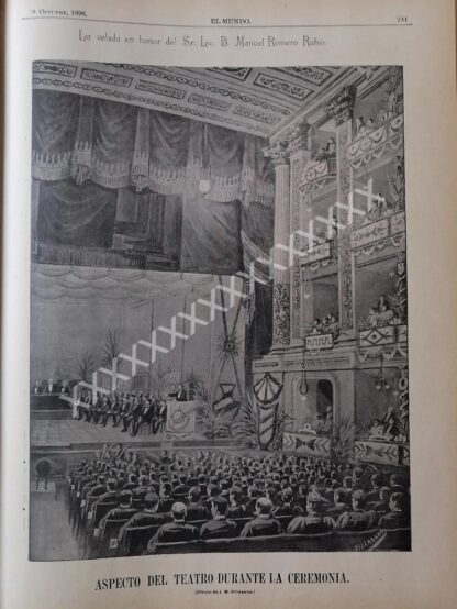 GRABADO ANTIGUO 1896 FUNERAL ROMERO RUBIO, TEATRO PRINCIPAL