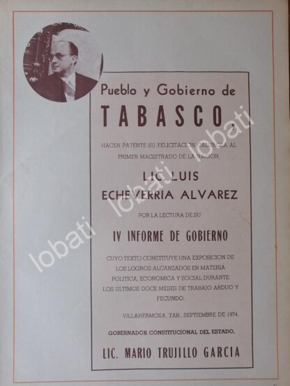 AFICHE POLITICO RETRO. TABASCO FELICITA A LUIS ECHEVERRIA 1974