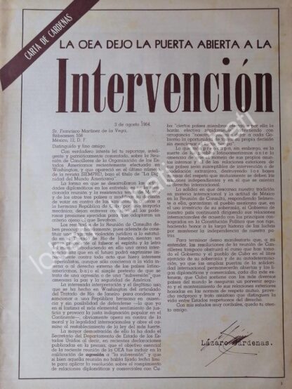 AFICHE RETRO. LAZARO CARDENAS Vs LA O.E.A, PROFETICO 1964 /PLT