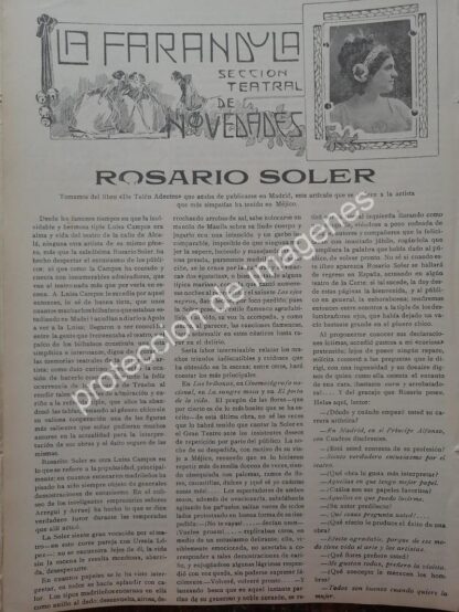 AFICHE ANTIGUO 1912 ENTREVISTA A LA ACTRIZ ROSARIO SOLER