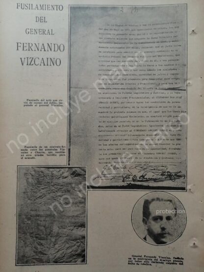 AFICHE ANTIGUO 1920 FUSILAMIENTO GENERAL. FERNANDO VIZCAINO