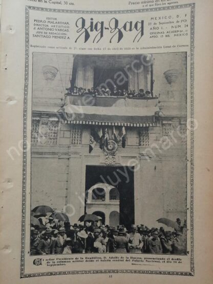 AFICHE ANTIGUO. DESFILE EN PALACIO NACIONAL Y PRESIDENTE