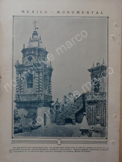 AFICHE ANTIGUO 1920 TEMPLO SAN FRANCISCO ACATEPEC, PUEBLA