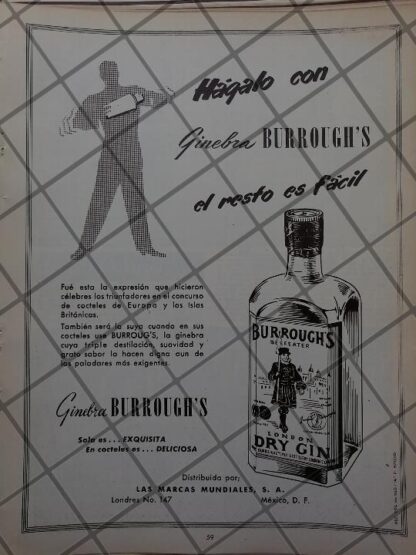 CARTEL PUBLICIDAD ANTIGUA GINEBRA BURROUGHS 1951 VINOS 615