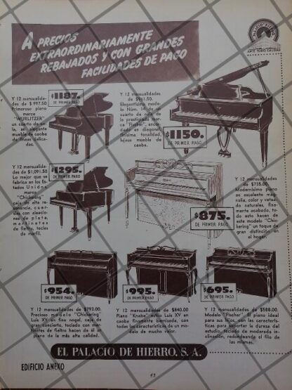 CARTEL ANTIGUO PIANOS DEL PALACIO DE HIERRO 1951 /847