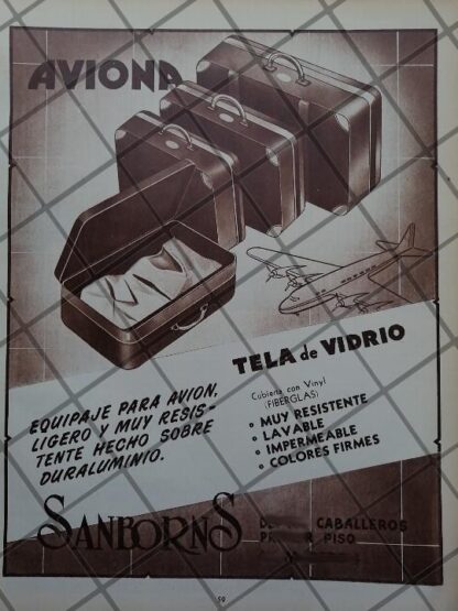 CARTEL ANTIGUO TIENDAS SANBORNS, MALETAS AVIONA 1951